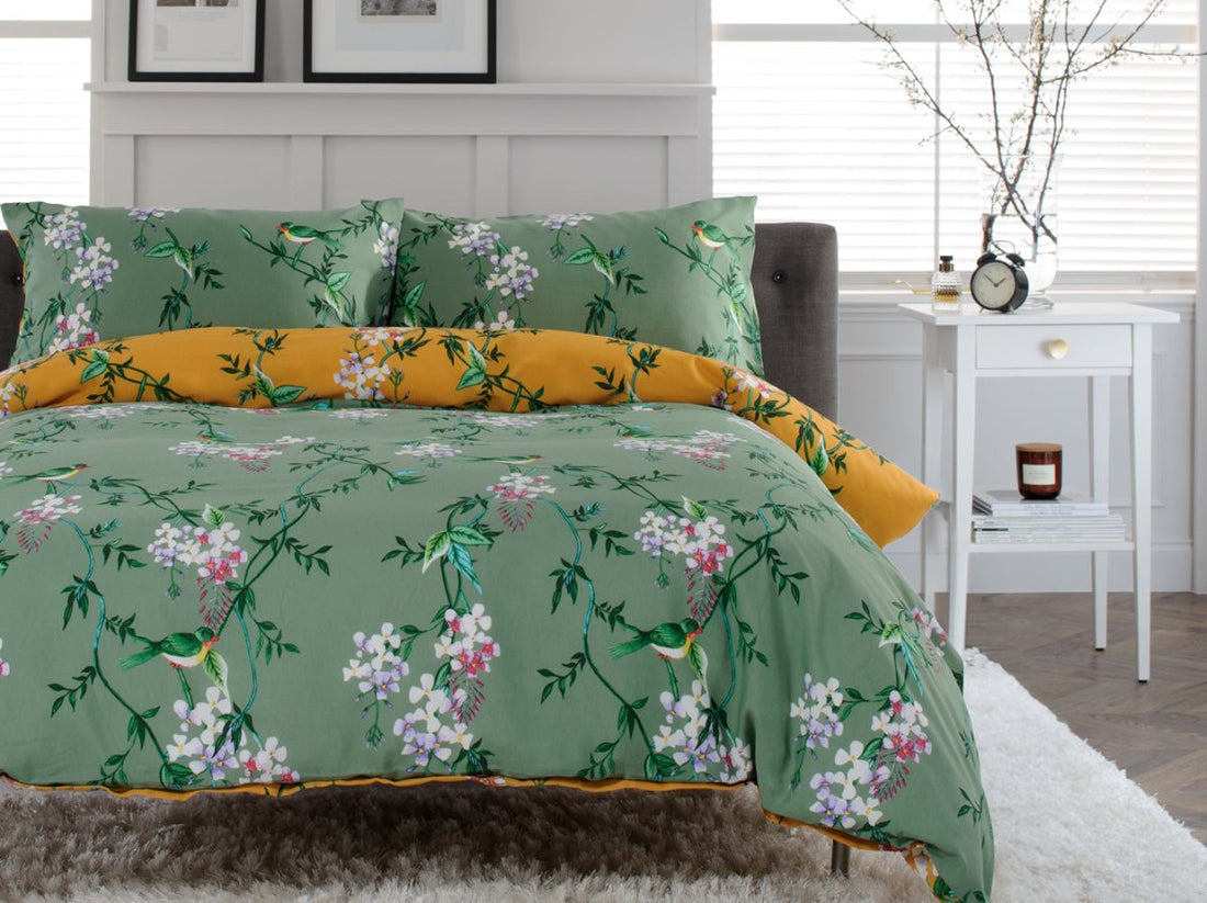 Bird Garden Cotton Rich Duvet Cover Set Sage & Gold - RUTHERFORD & Co