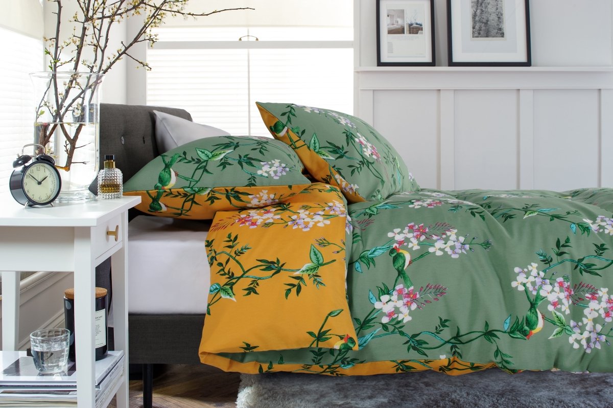 Bird Garden Cotton Rich Duvet Cover Set Sage & Gold - RUTHERFORD & Co