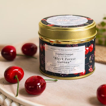 Black Forest Gateau Candle in a Matt Gold Tin - RUTHERFORD & Co
