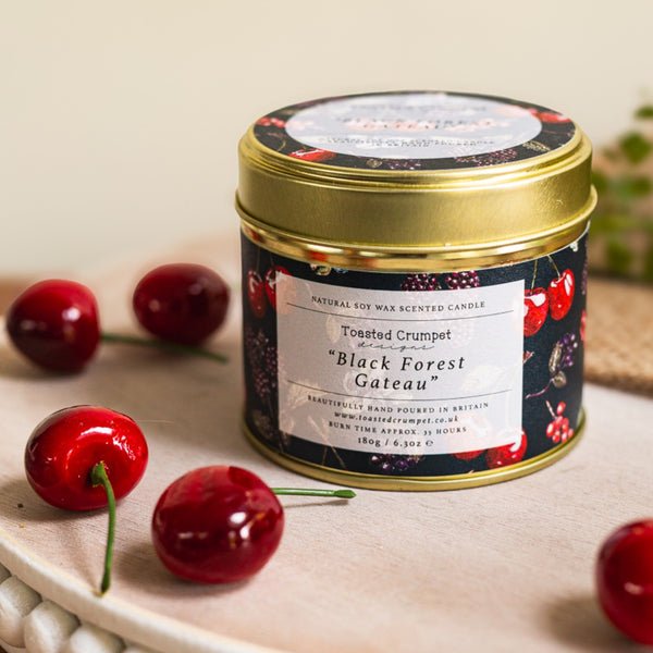 Black Forest Gateau Candle in a Matt Gold Tin - RUTHERFORD & Co