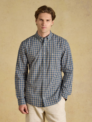 Blue Cotton Poplin Long Sleeve Check Shirt - RUTHERFORD & Co