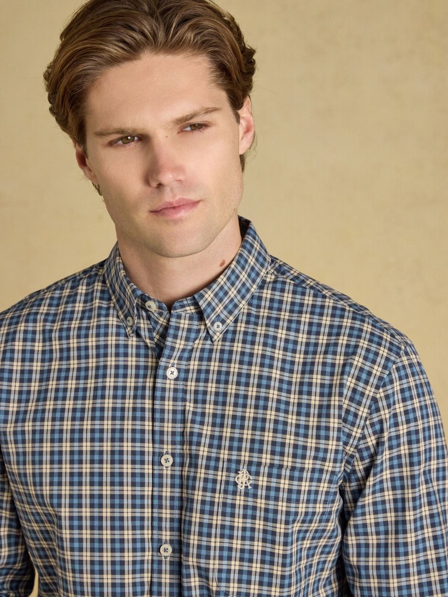 Blue Cotton Poplin Long Sleeve Check Shirt - RUTHERFORD & Co