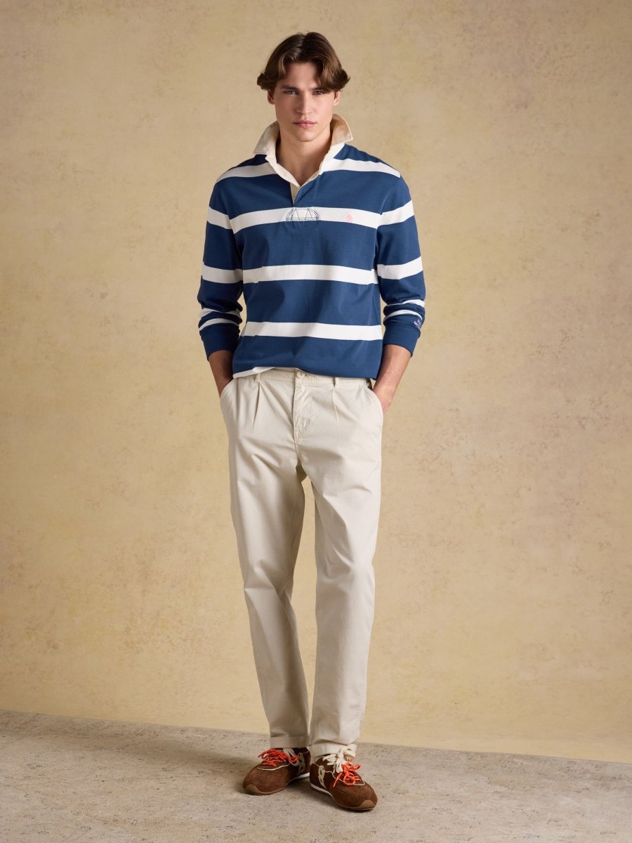 Blue & Cream Striped Long Sleeve Rugby Shirt - RUTHERFORD & Co