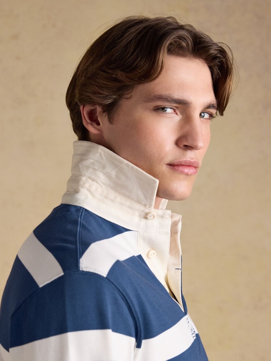 Blue & Cream Striped Long Sleeve Rugby Shirt - RUTHERFORD & Co