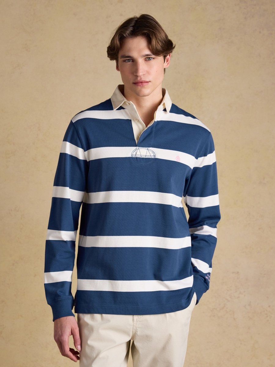 Blue & Cream Striped Long Sleeve Rugby Shirt - RUTHERFORD & Co