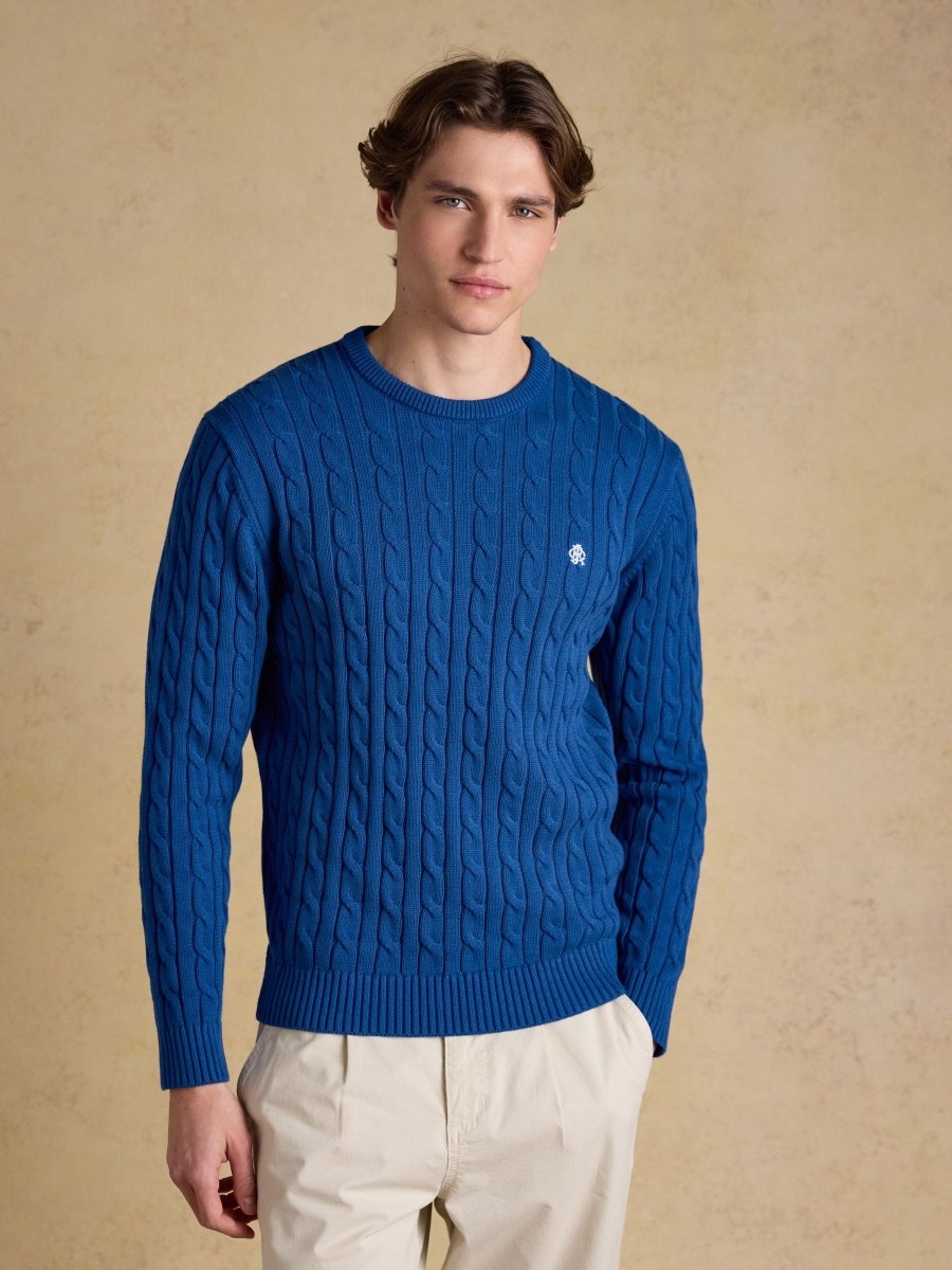 Blue Crew Neck Cotton Cable Knit Jumper - RUTHERFORD & Co
