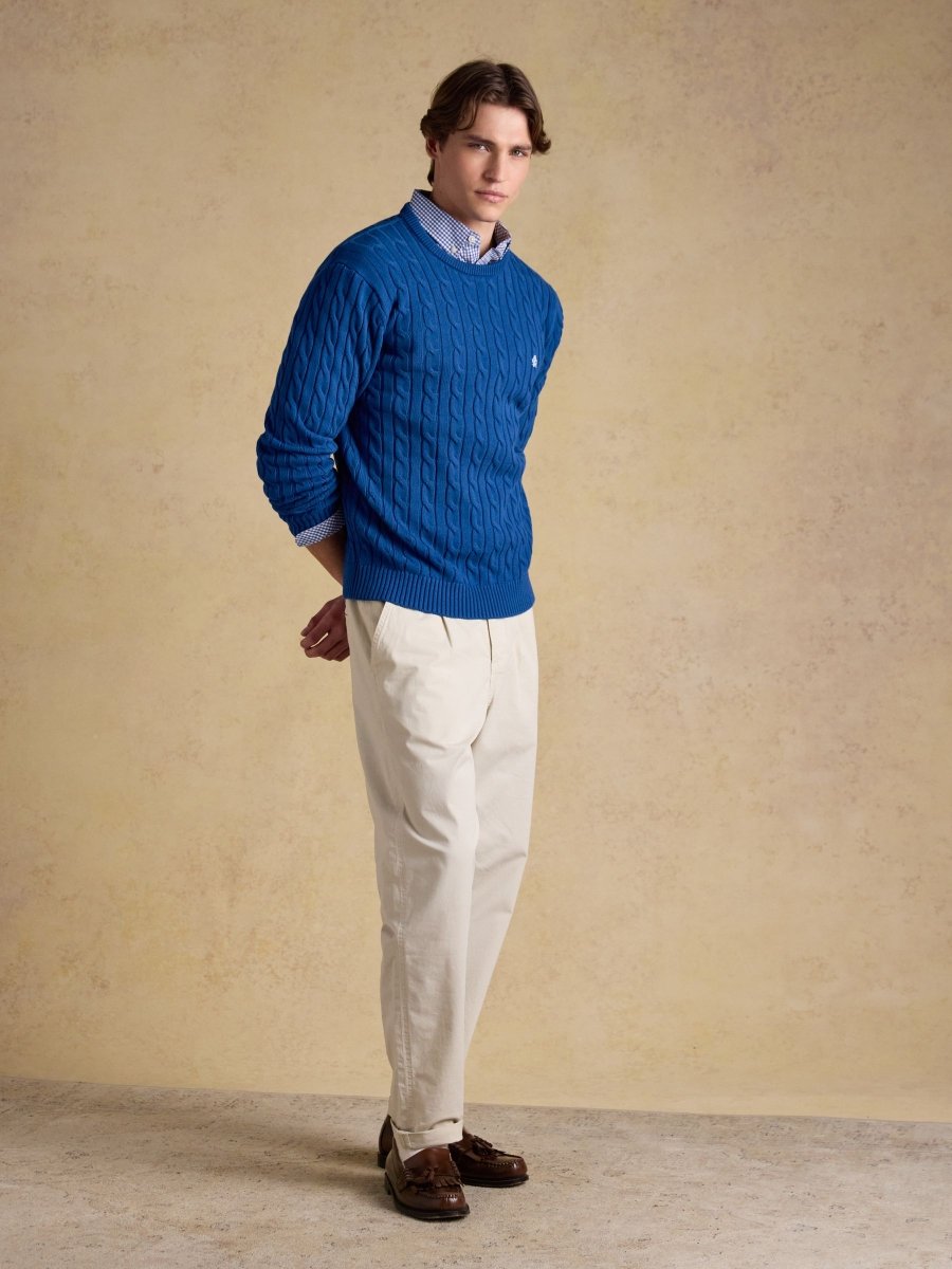 Blue Crew Neck Cotton Cable Knit Jumper - RUTHERFORD & Co
