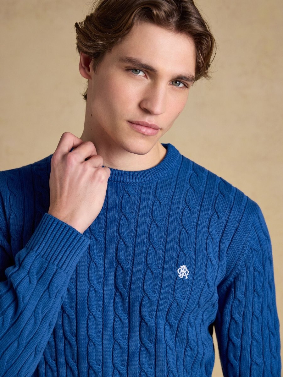 Blue Crew Neck Cotton Cable Knit Jumper - RUTHERFORD & Co