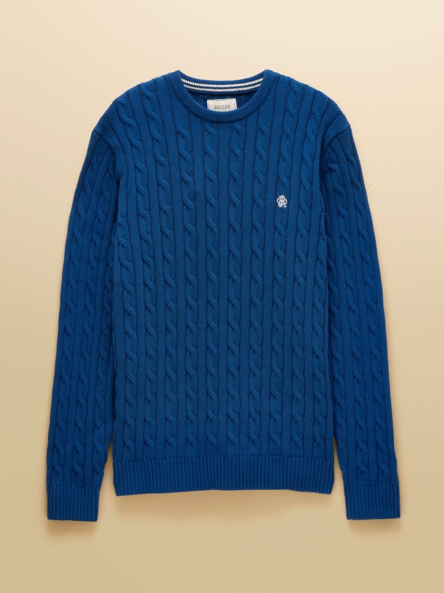 Blue Crew Neck Cotton Cable Knit Jumper - RUTHERFORD & Co