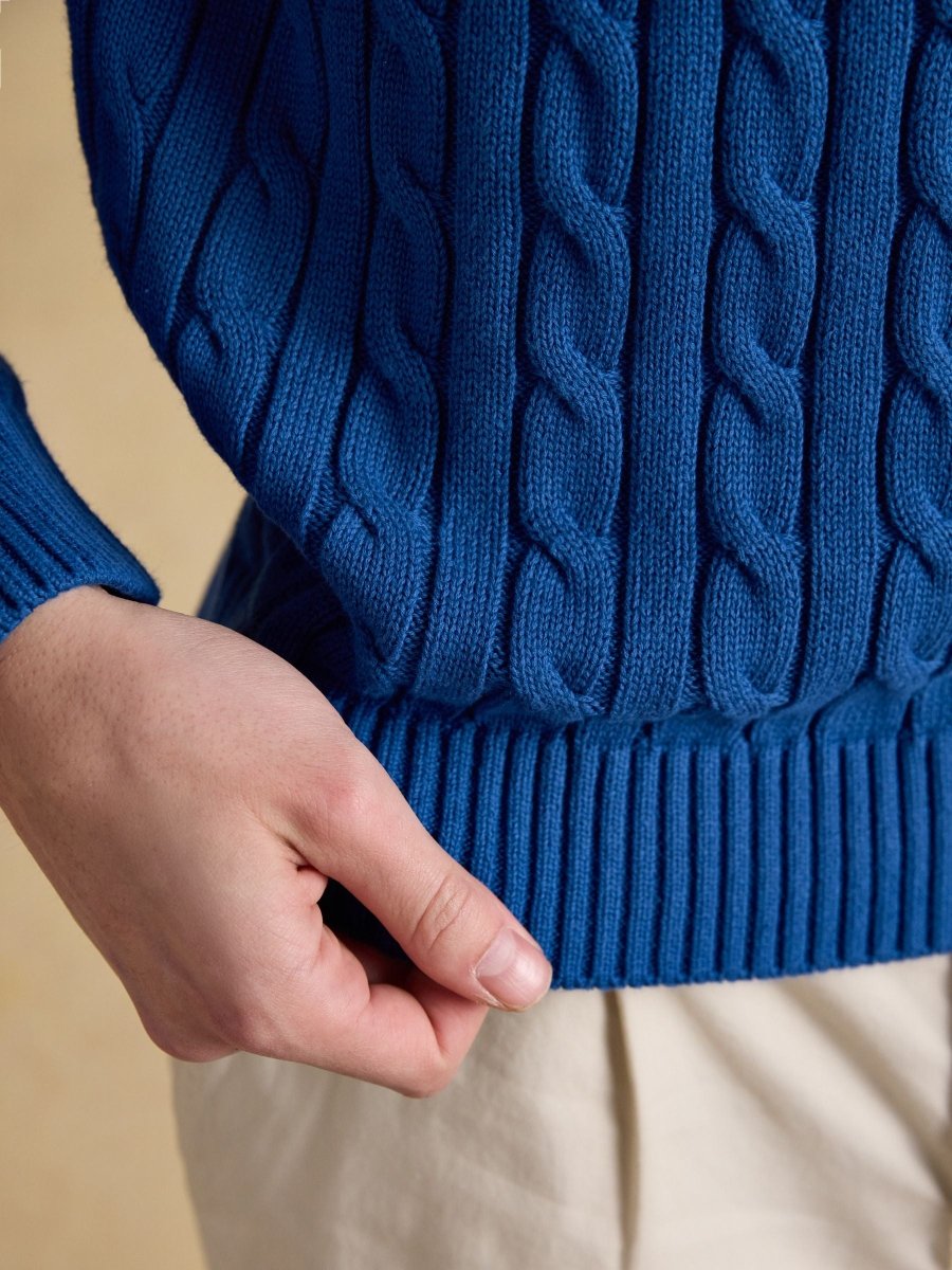 Blue Crew Neck Cotton Cable Knit Jumper - RUTHERFORD & Co