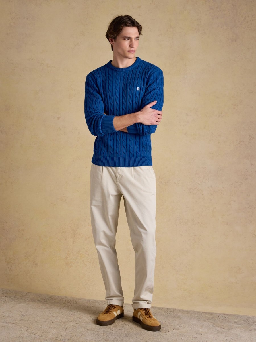 Blue Crew Neck Cotton Cable Knit Jumper - RUTHERFORD & Co