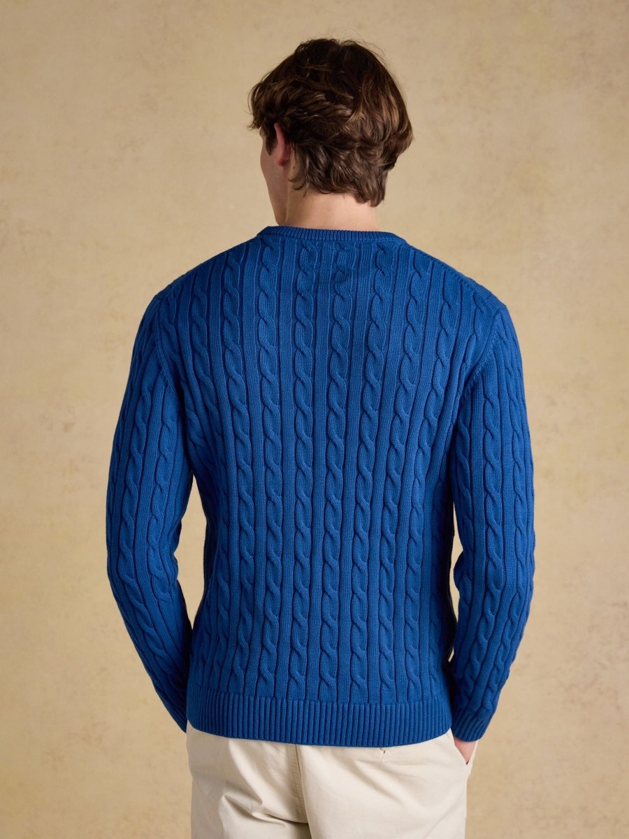 Blue Crew Neck Cotton Cable Knit Jumper - RUTHERFORD & Co