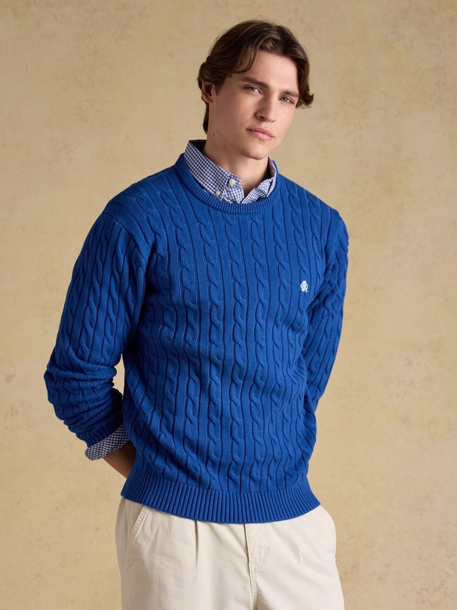 Blue Crew Neck Cotton Cable Knit Jumper - RUTHERFORD & Co