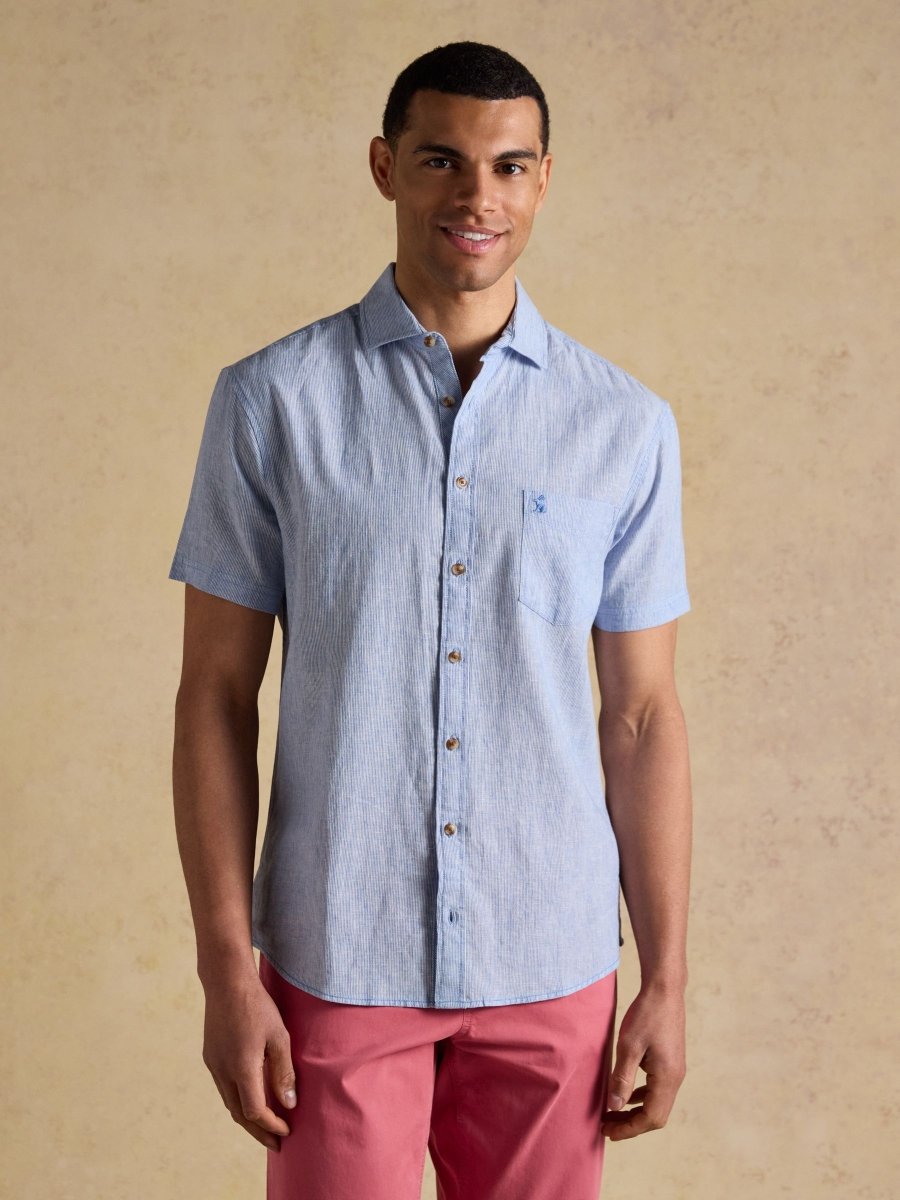 Blue Linen Blend Short Sleeve Shirt - RUTHERFORD & Co