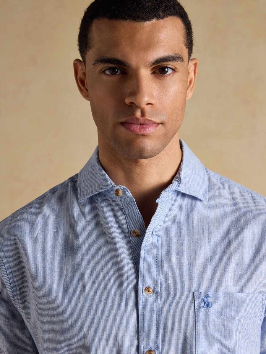 Blue Linen Blend Short Sleeve Shirt - RUTHERFORD & Co
