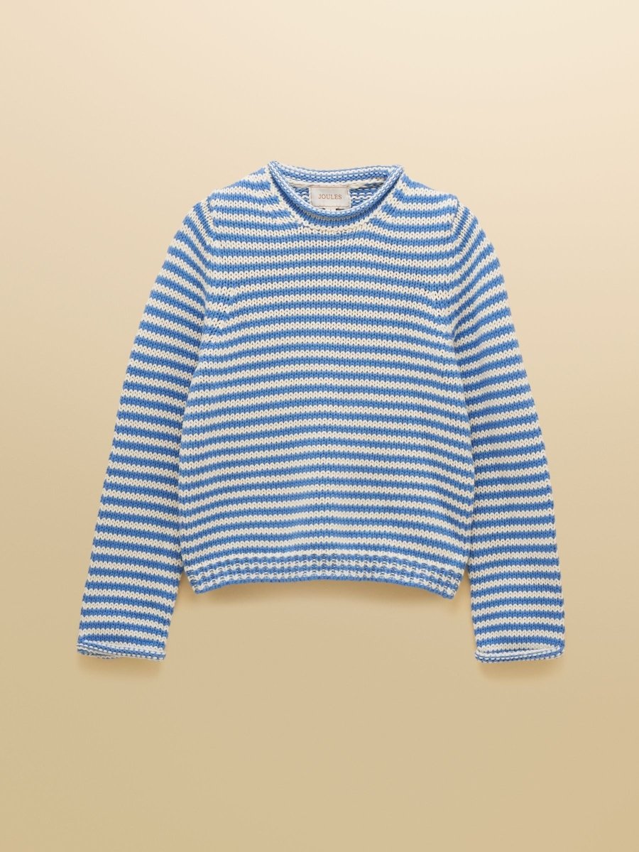 Blue & White Striped Cotton Crew Neck Jumper - RUTHERFORD & Co