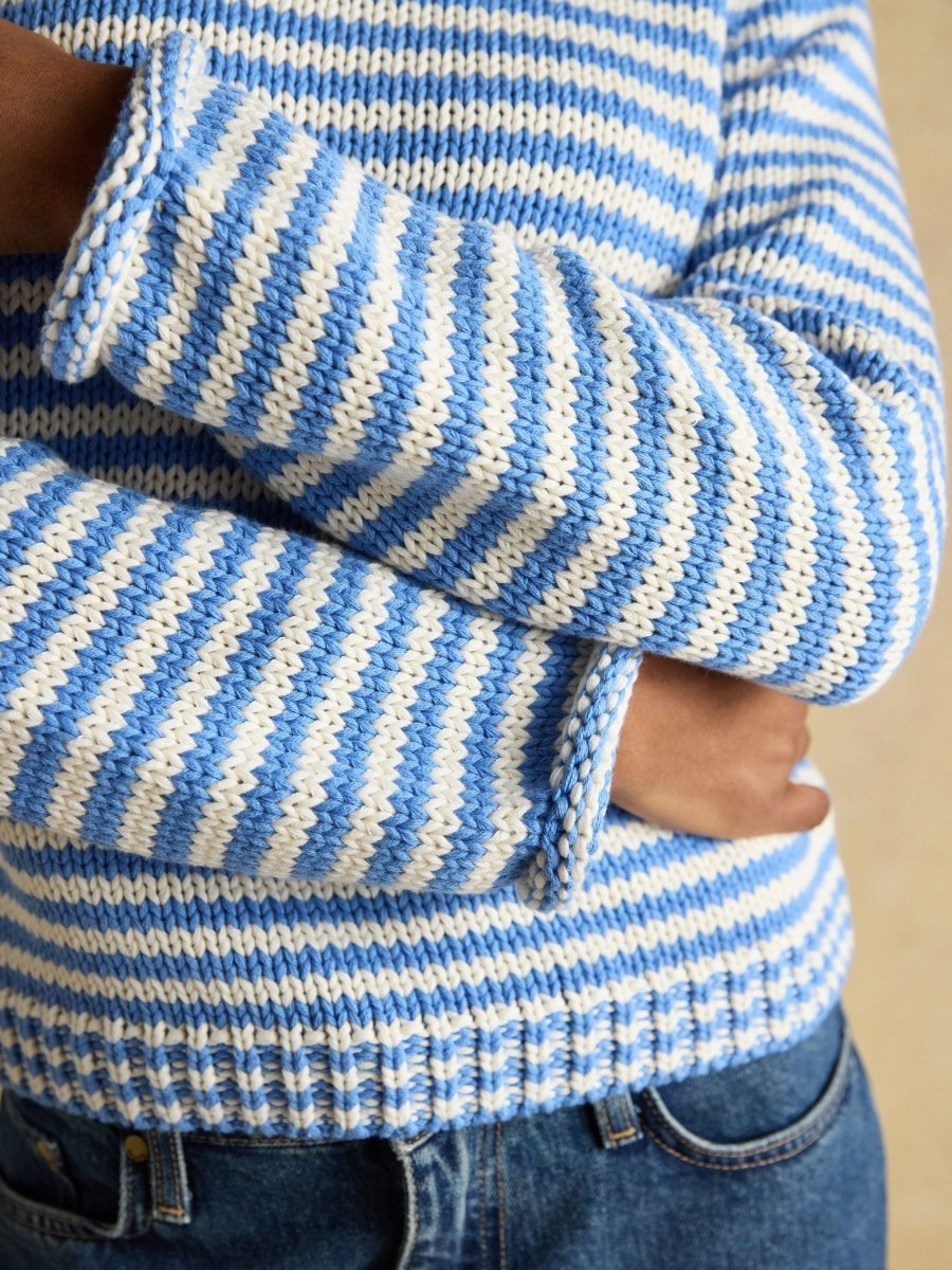 Blue & White Striped Cotton Crew Neck Jumper - RUTHERFORD & Co