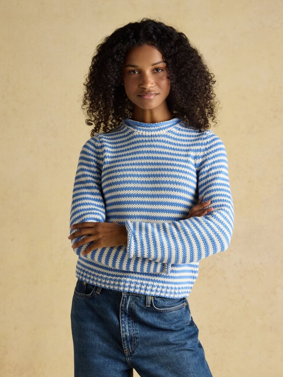 Blue & White Striped Cotton Crew Neck Jumper - RUTHERFORD & Co