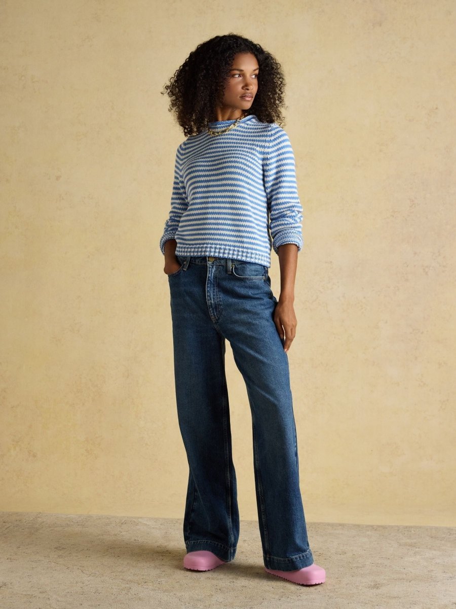 Blue & White Striped Cotton Crew Neck Jumper - RUTHERFORD & Co