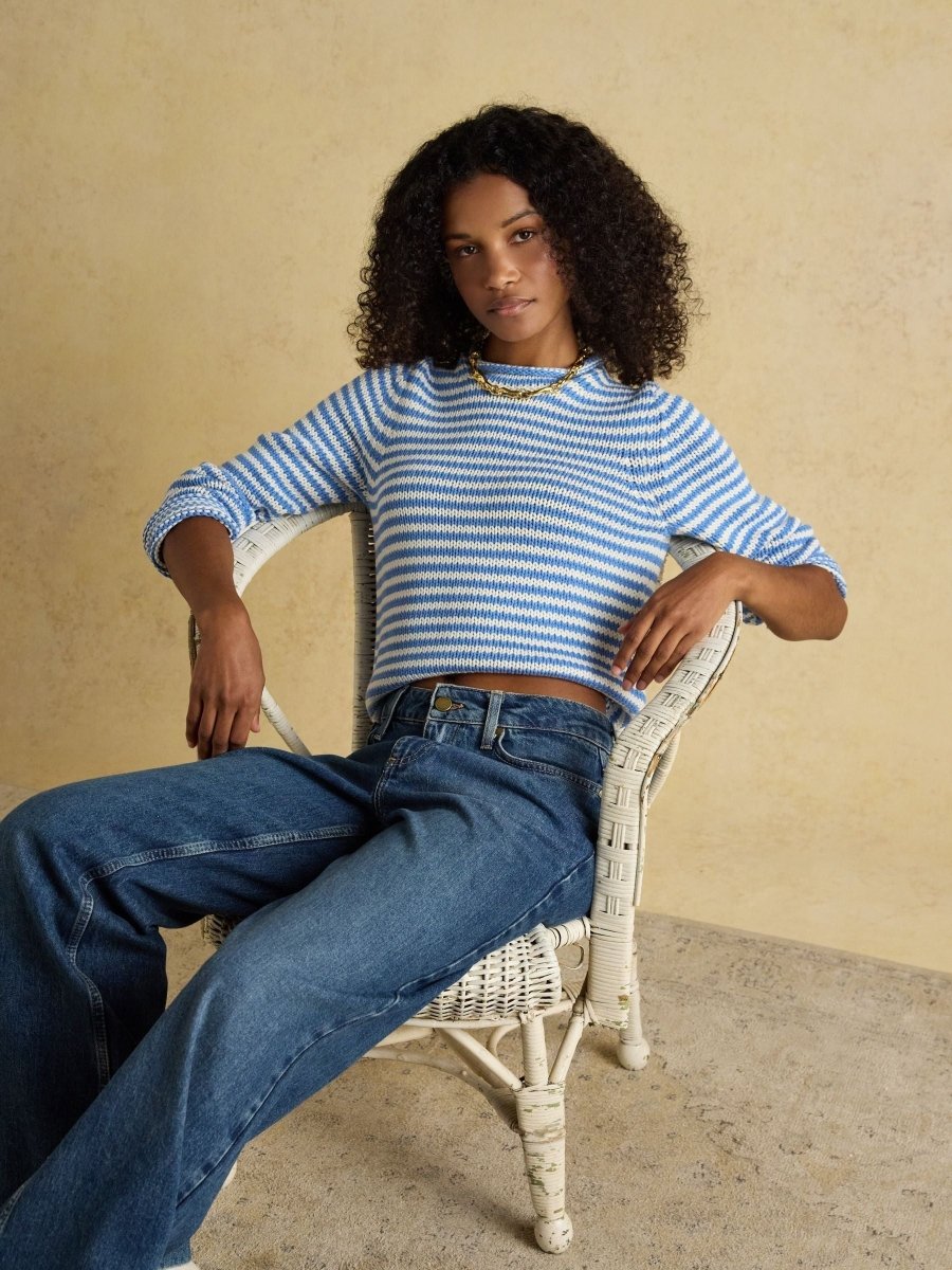Blue & White Striped Cotton Crew Neck Jumper - RUTHERFORD & Co