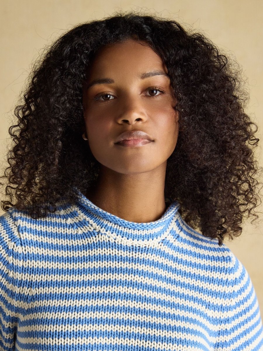 Blue & White Striped Cotton Crew Neck Jumper - RUTHERFORD & Co