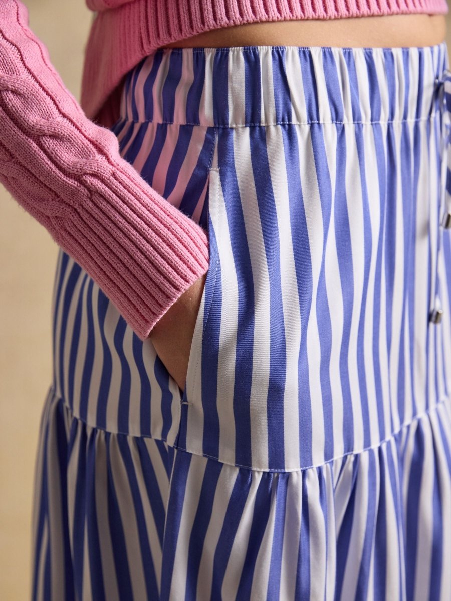 Blue & White Striped Elasticated Waist Woven Midi Skirt - RUTHERFORD & Co