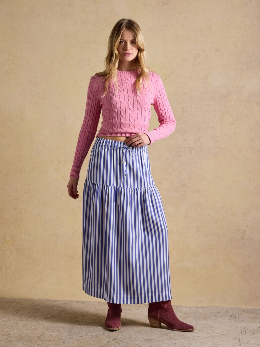 Blue & White Striped Elasticated Waist Woven Midi Skirt - RUTHERFORD & Co