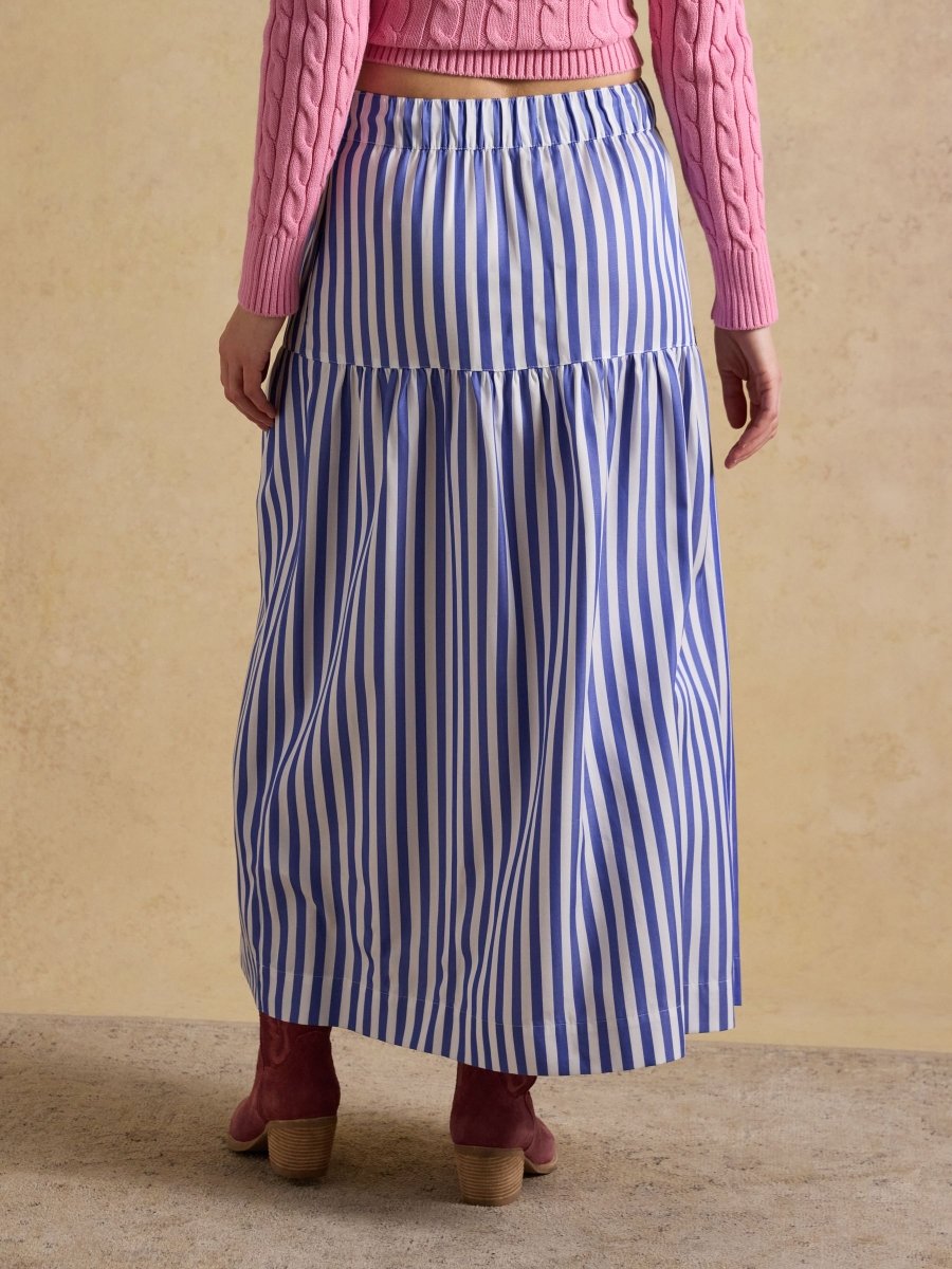 Blue & White Striped Elasticated Waist Woven Midi Skirt - RUTHERFORD & Co