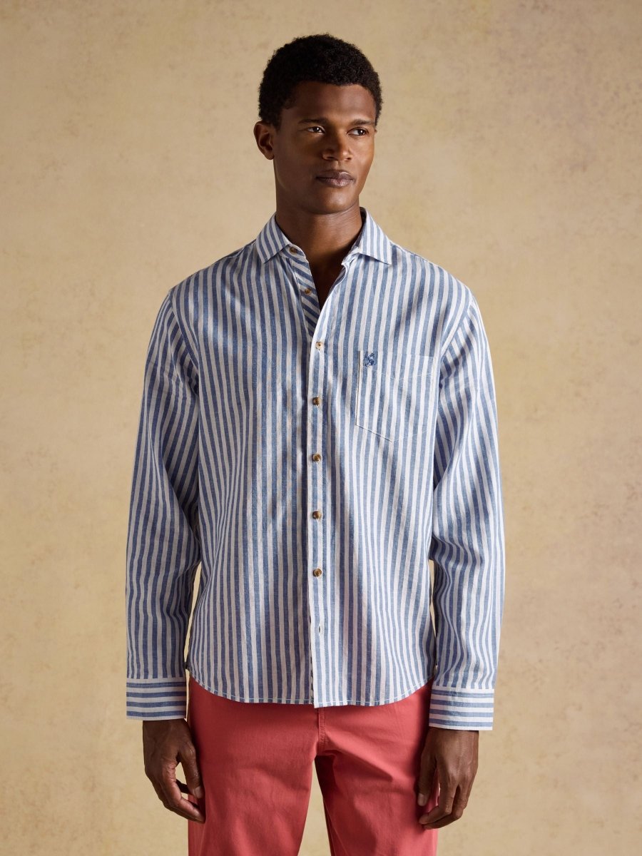 Blue & White Striped Linen Blend Long Sleeve Shirt - RUTHERFORD & Co