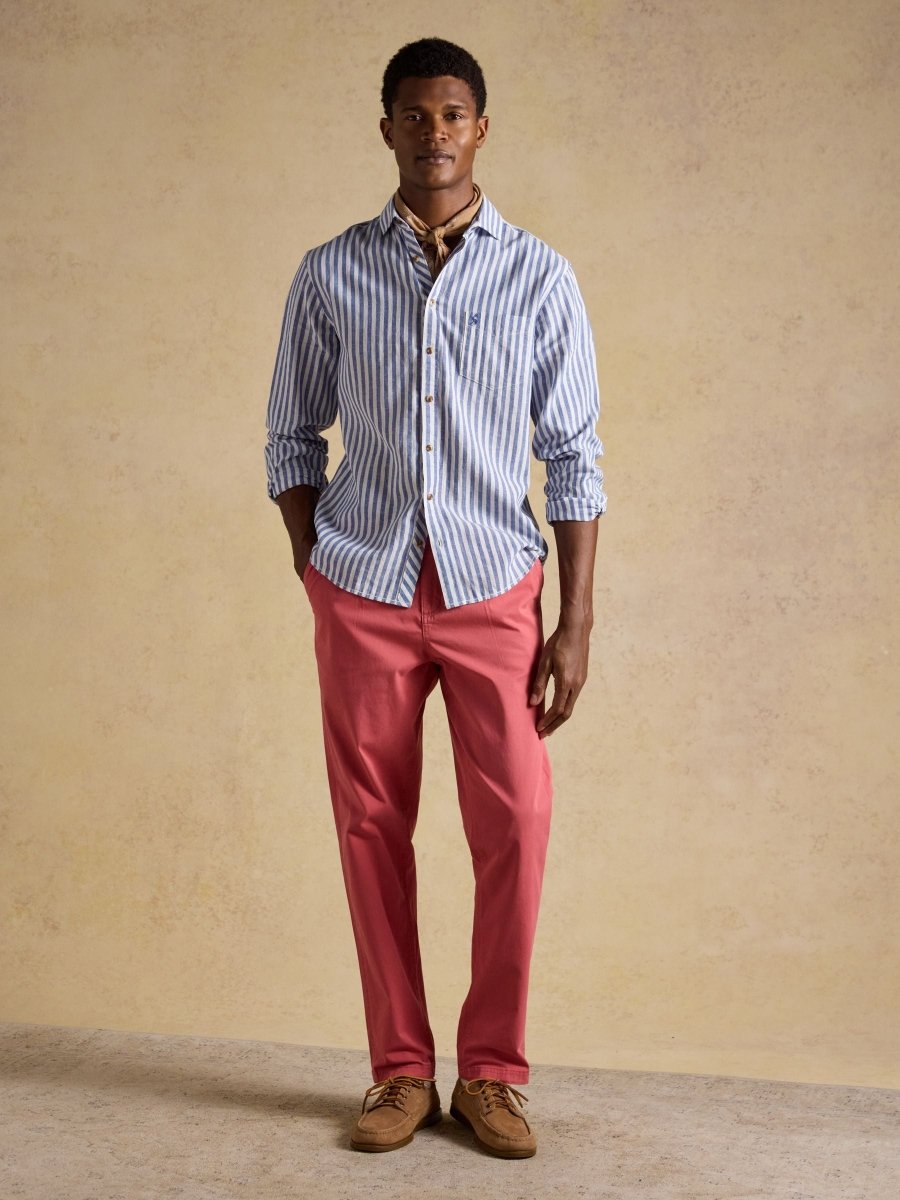 Blue & White Striped Linen Blend Long Sleeve Shirt - RUTHERFORD & Co