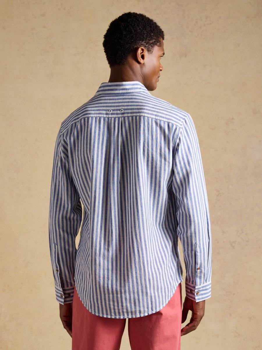 Blue & White Striped Linen Blend Long Sleeve Shirt - RUTHERFORD & Co