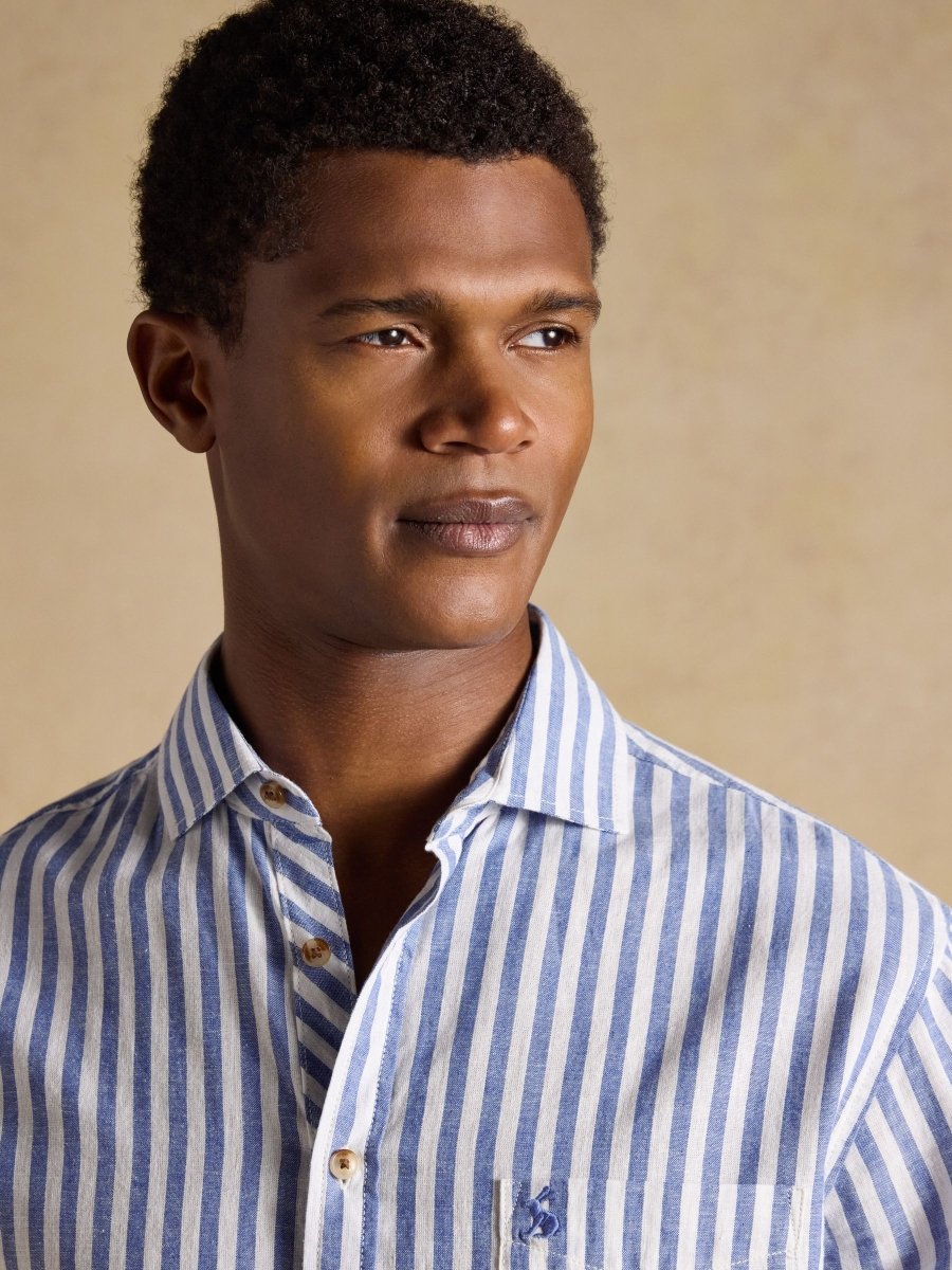 Blue & White Striped Linen Blend Long Sleeve Shirt - RUTHERFORD & Co