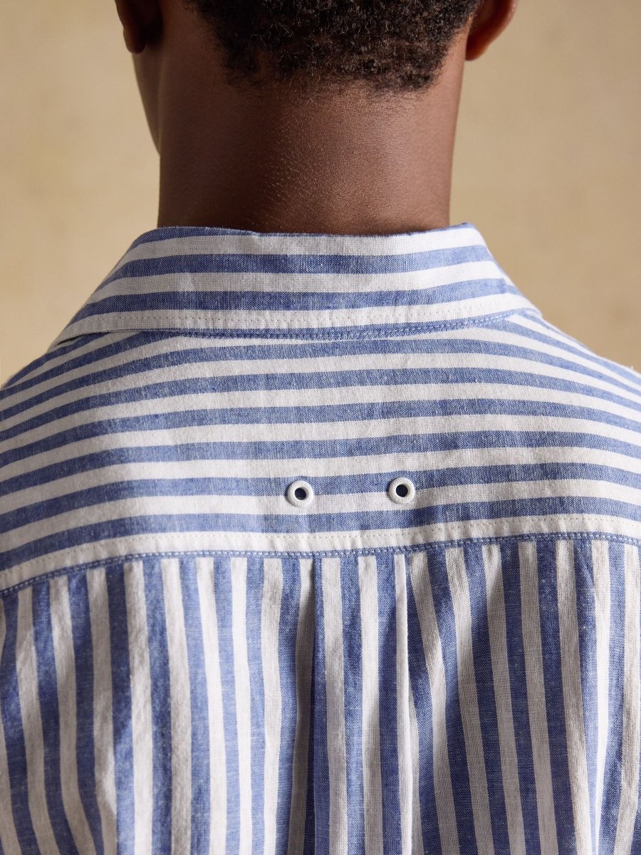 Blue & White Striped Linen Blend Long Sleeve Shirt - RUTHERFORD & Co