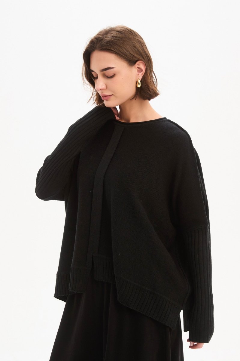 Boxy Rib Sleeve Knit Black - RUTHERFORD & Co