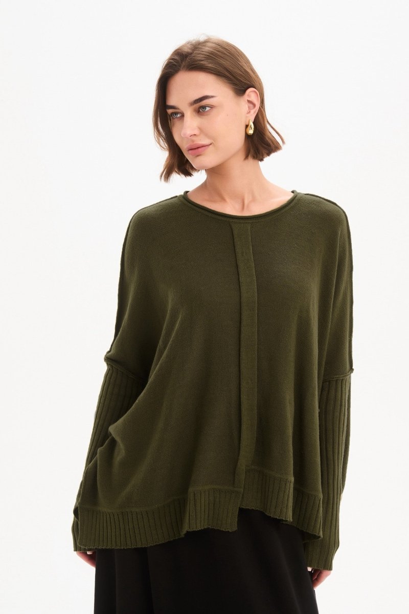 Boxy Rib Sleeve Knit Khaki - RUTHERFORD & Co