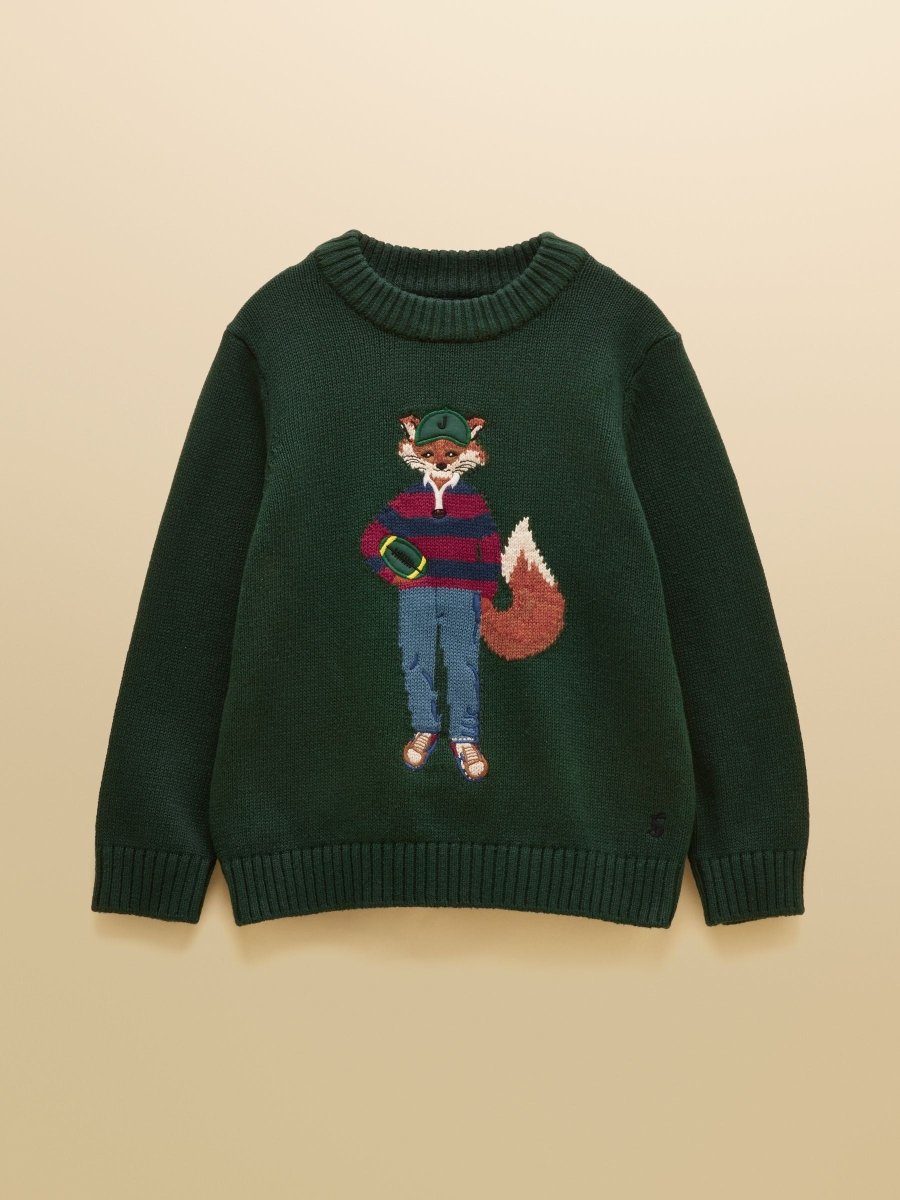 Boys' Jonty Fox Intarsia Knit Jumper - Green - RUTHERFORD & Co