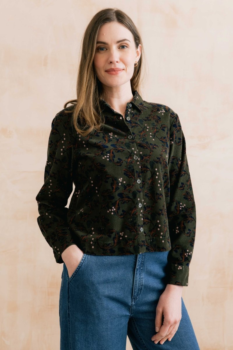 Bracken Cotton Pincord Printed Shirt Olive - RUTHERFORD & Co