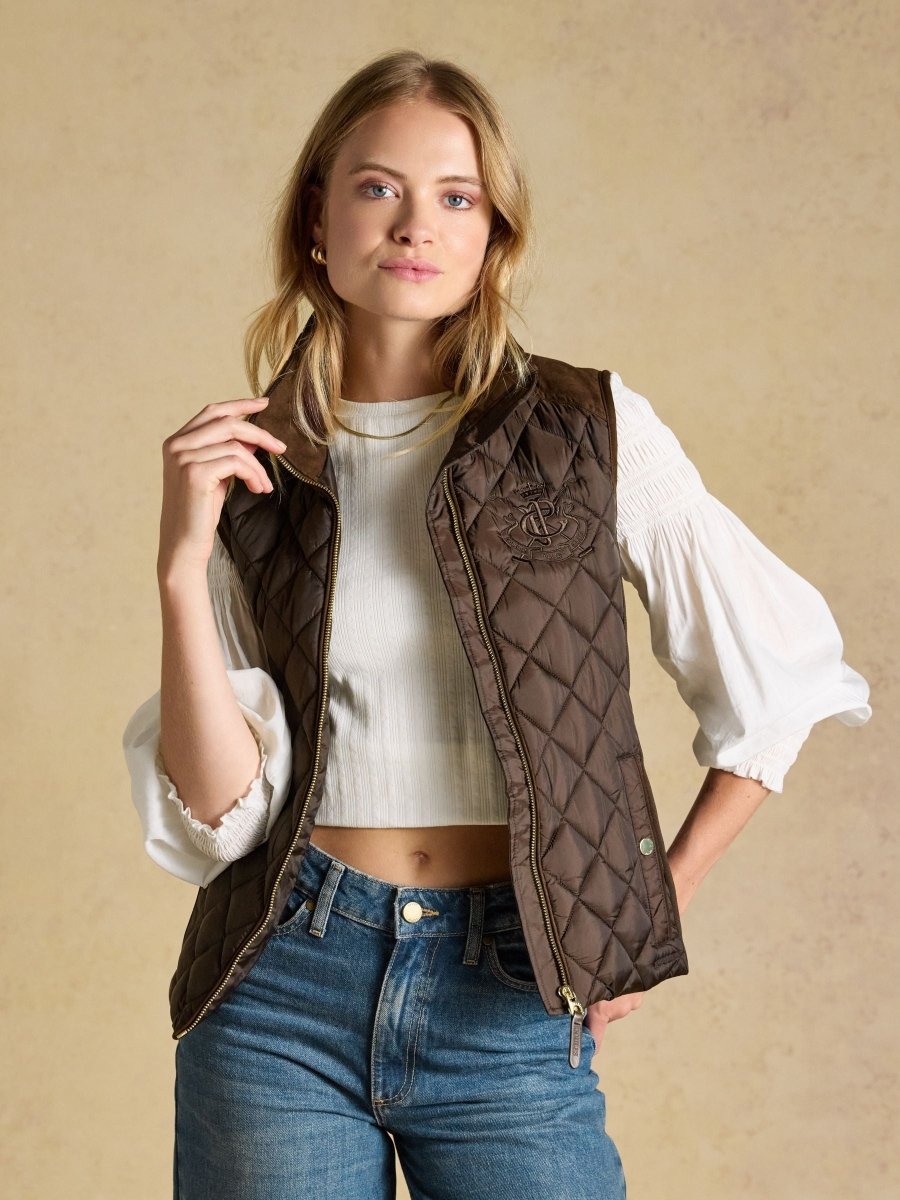 Braemar Luxe Chocolate Brown Showerproof Diamond Quilted Gilet - RUTHERFORD & Co