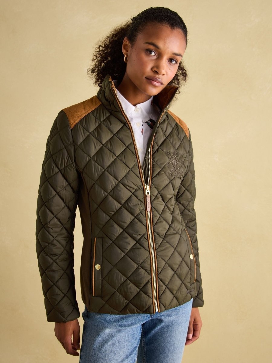 Braemar Luxe Khaki Green Showerproof Diamond Quilted Coat - RUTHERFORD & Co