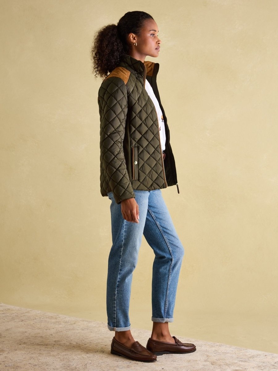 Braemar Luxe Khaki Green Showerproof Diamond Quilted Coat - RUTHERFORD & Co