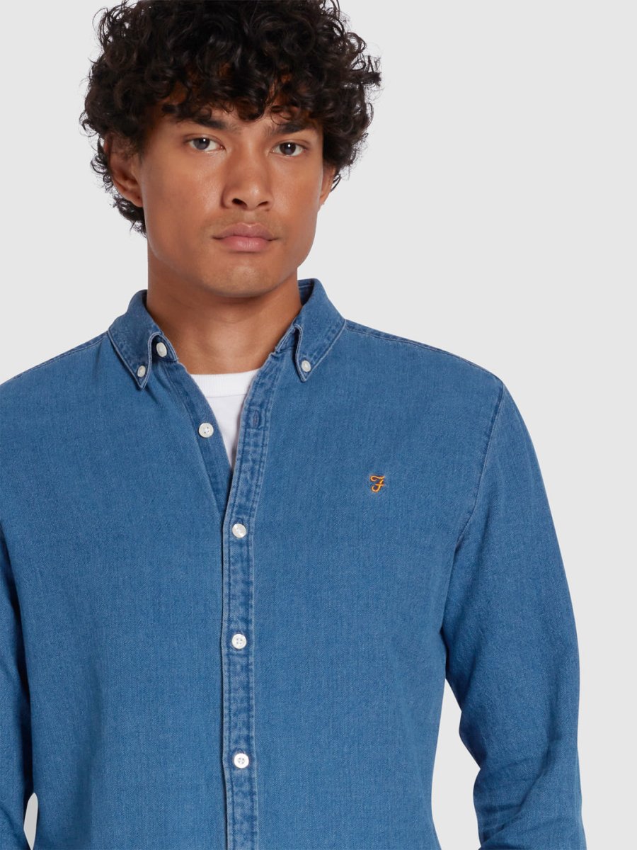 Brewer Slim Fit Organic Cotton Denim Shirt In Stone Wash - RUTHERFORD & Co