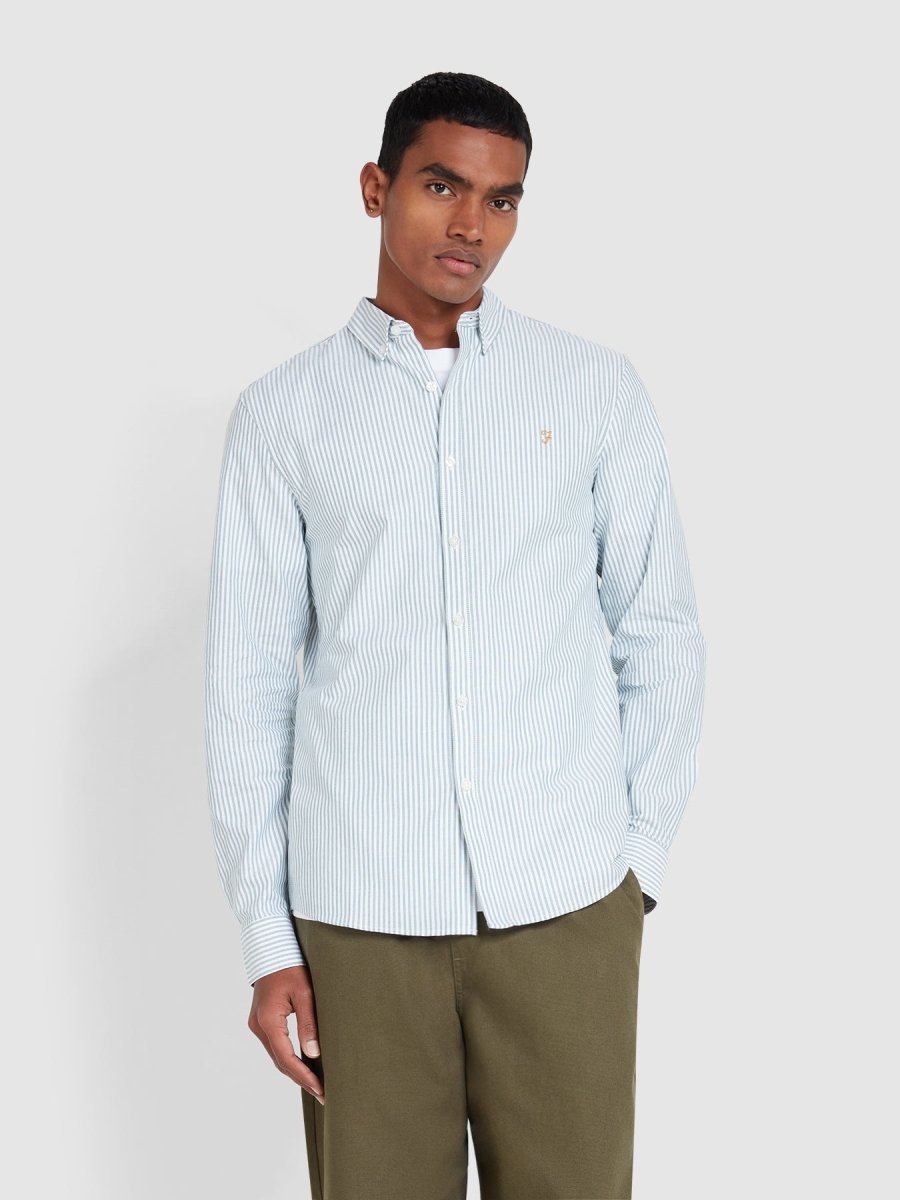 Brewer Slim Fit Striped Organic Cotton Oxford Shirt In Green Meadow - RUTHERFORD & Co