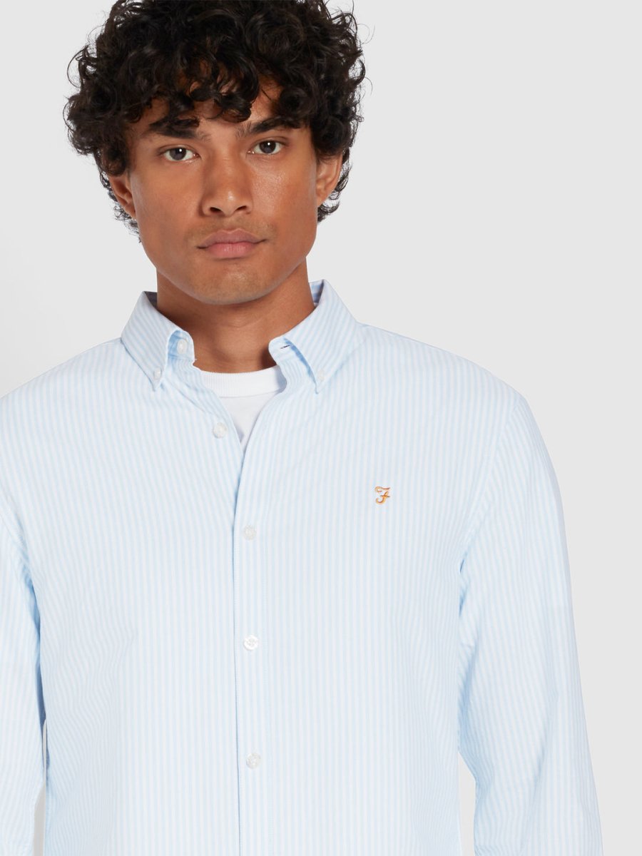 Brewer Slim Fit Striped Organic Cotton Oxford Shirt In Sky Blue - RUTHERFORD & Co