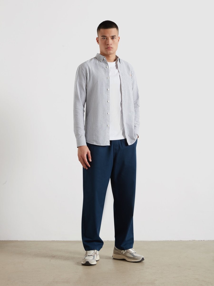 Brewer Slim Fit Striped Organic Cotton Oxford Shirt In True Navy - RUTHERFORD & Co