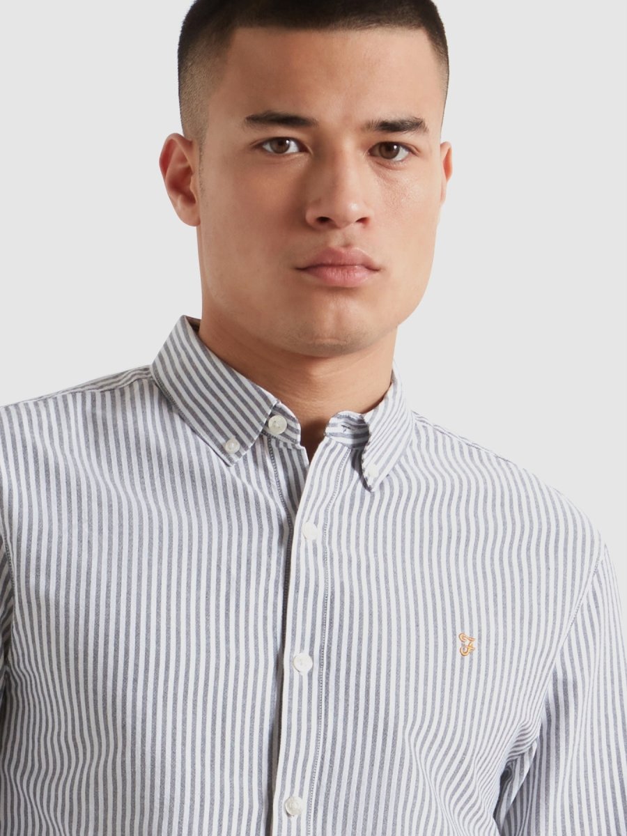 Brewer Slim Fit Striped Organic Cotton Oxford Shirt In True Navy - RUTHERFORD & Co
