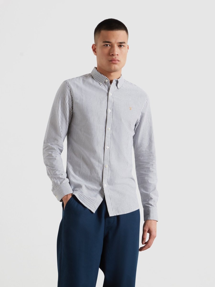 Brewer Slim Fit Striped Organic Cotton Oxford Shirt In True Navy - RUTHERFORD & Co