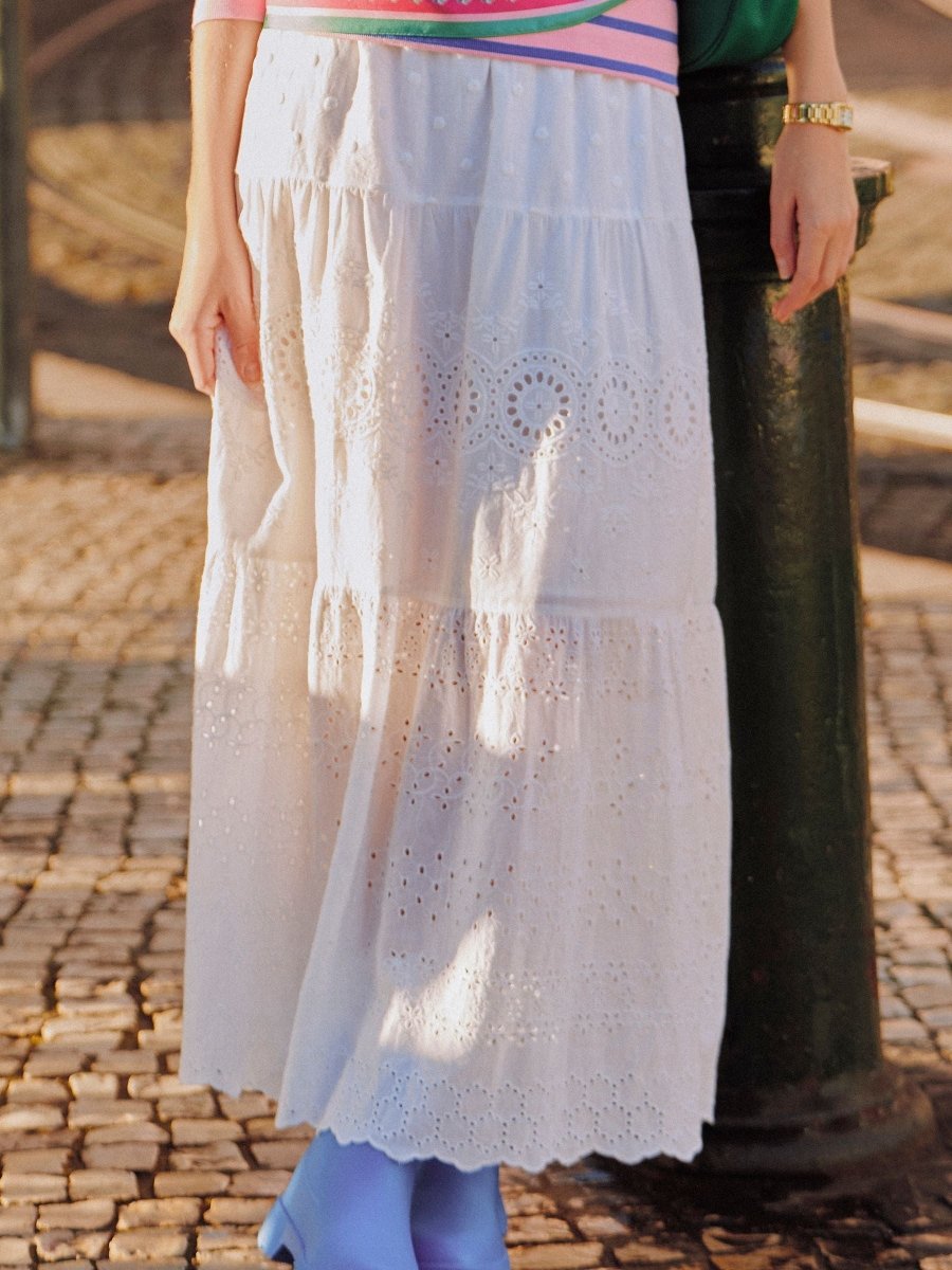 Broderie Tiered White Maxi Skirt - RUTHERFORD & Co
