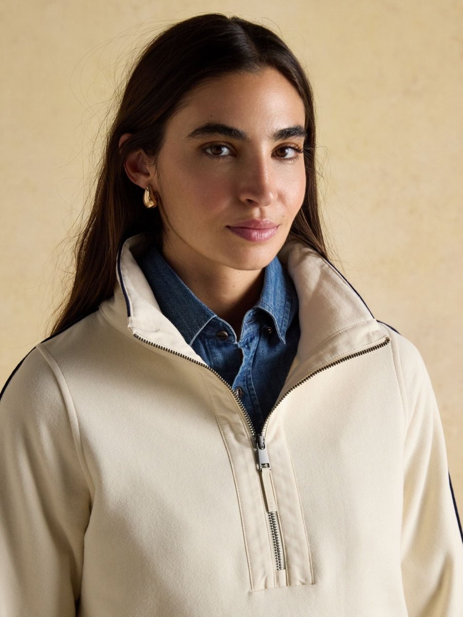 Bronte Cream Funnel Neck Quarter Zip Cotton Sweatshirt - RUTHERFORD & Co