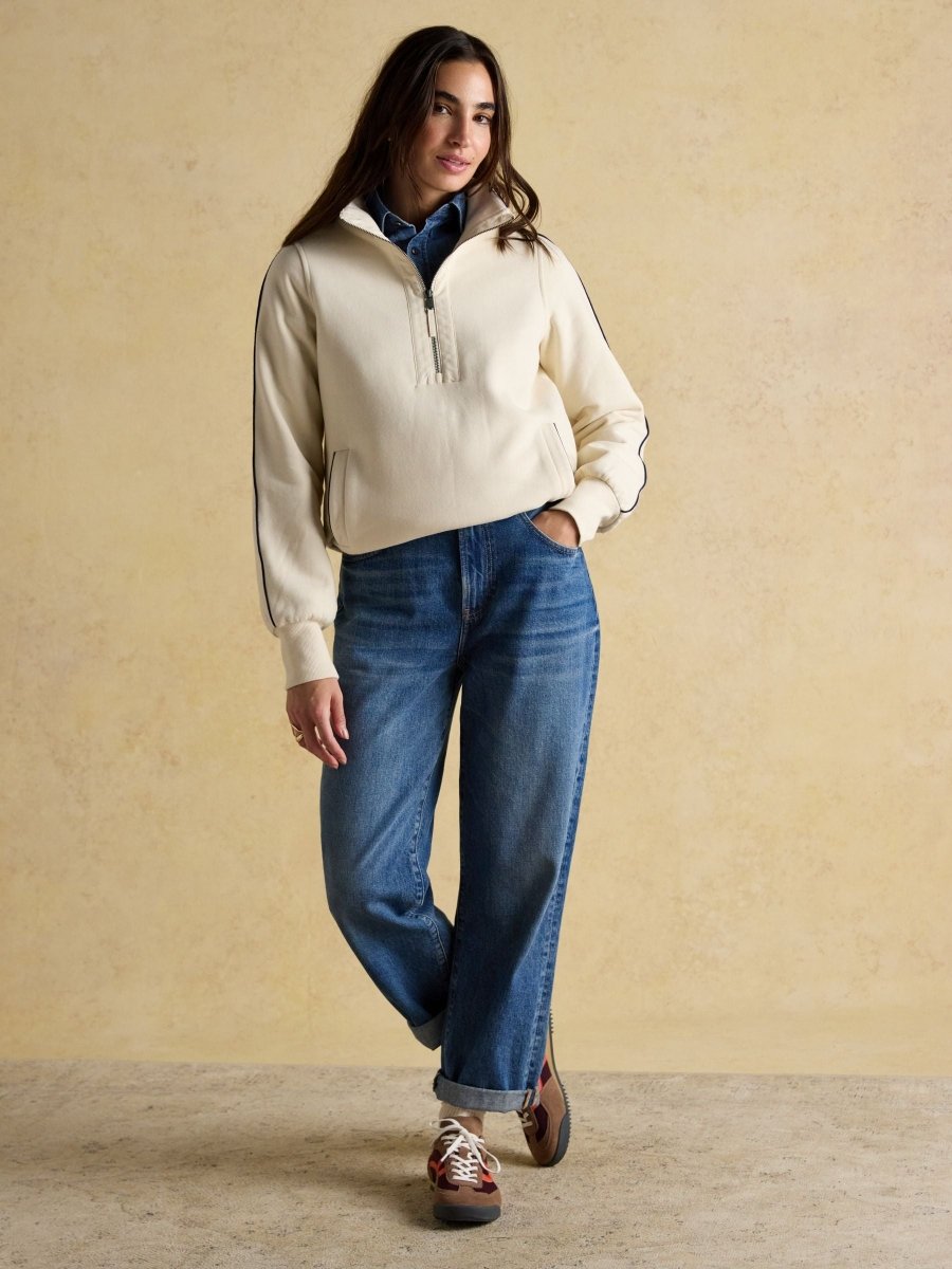 Bronte Cream Funnel Neck Quarter Zip Cotton Sweatshirt - RUTHERFORD & Co