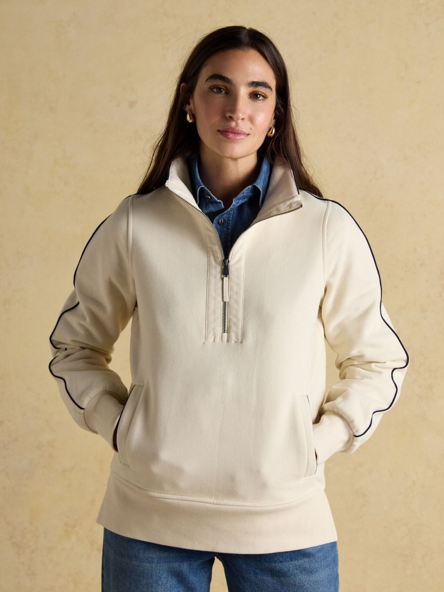 Bronte Cream Funnel Neck Quarter Zip Cotton Sweatshirt - RUTHERFORD & Co